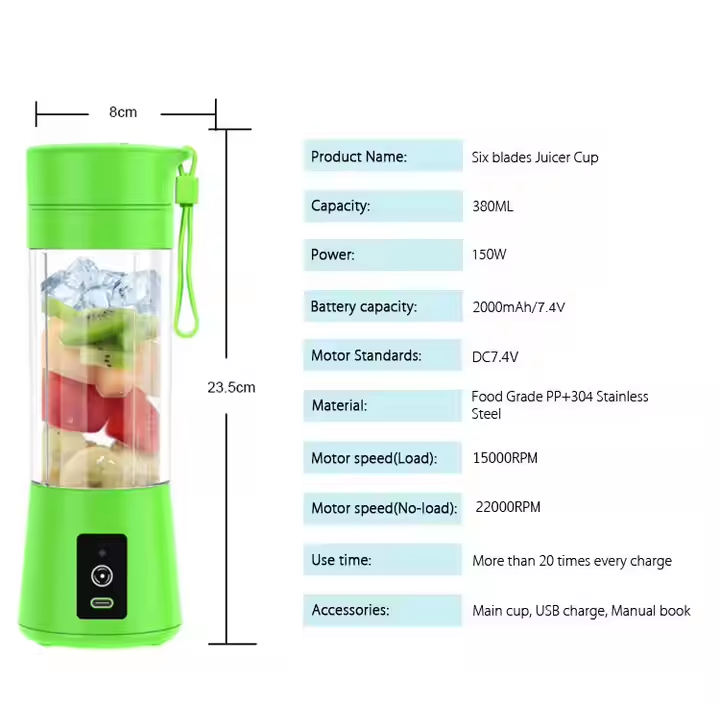 Portable Mini USB Rechargeable Personal 4-Blade Electric Fruit Extractor Juice Blender Cup for Home Sports Outdoors Orange, Lemon, Citrus, Grapefruit